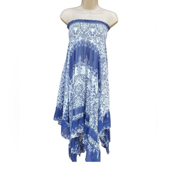 Lapis Skirt Womens M Blue White Boho Print Asymmetric Hem Fairy Y2K Hippie - Picture 2 of 5